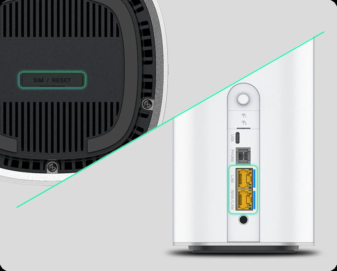 Slot na kartę SIM z przyciskiem reset oraz porty 2,5G, RJ-11 i USB-C w routerze ZTE G5 Ultra